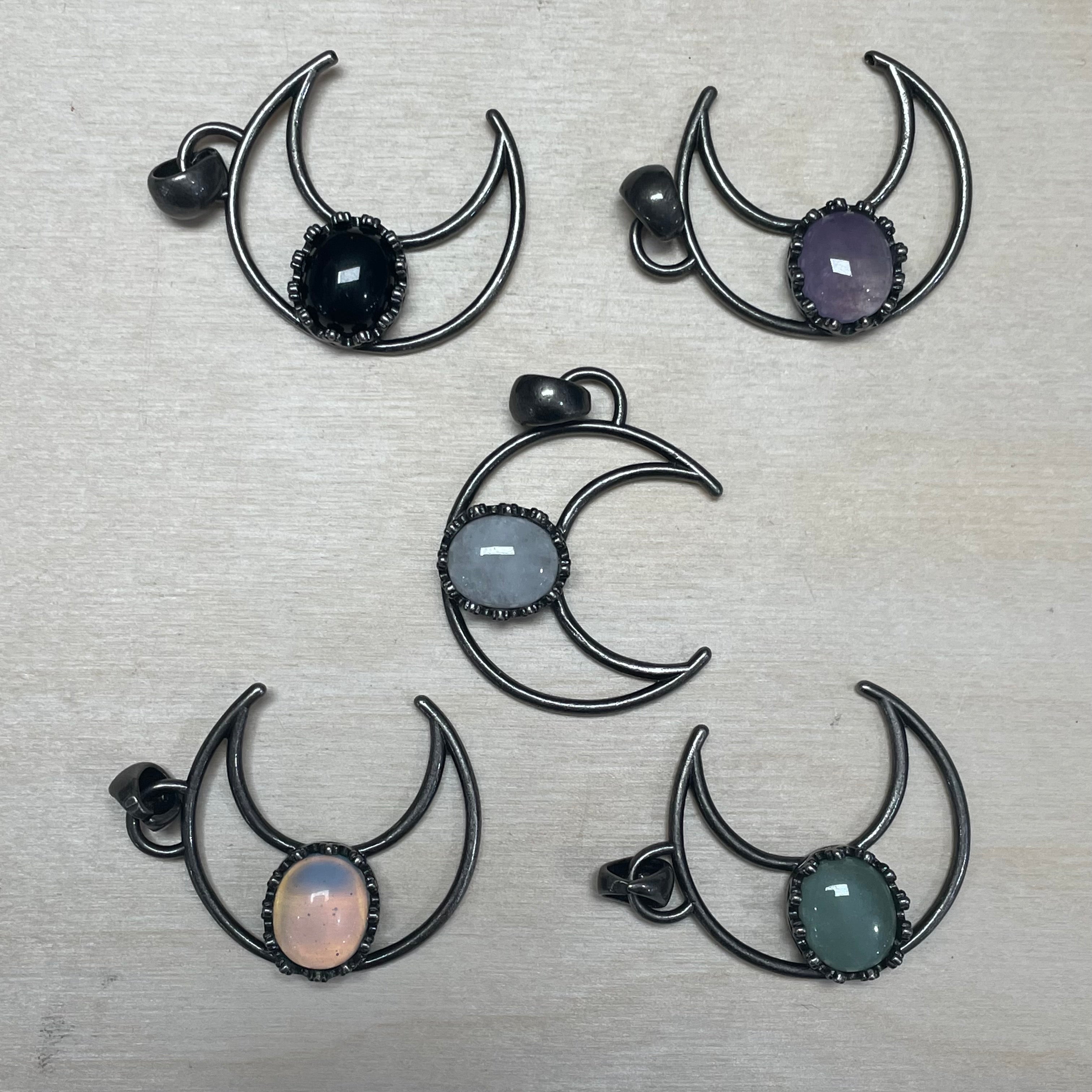 Moon Pendant Gunmetal or Silver with Crystal