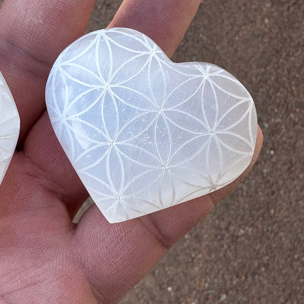 Selenite Flower Of Life Heart About 2”
