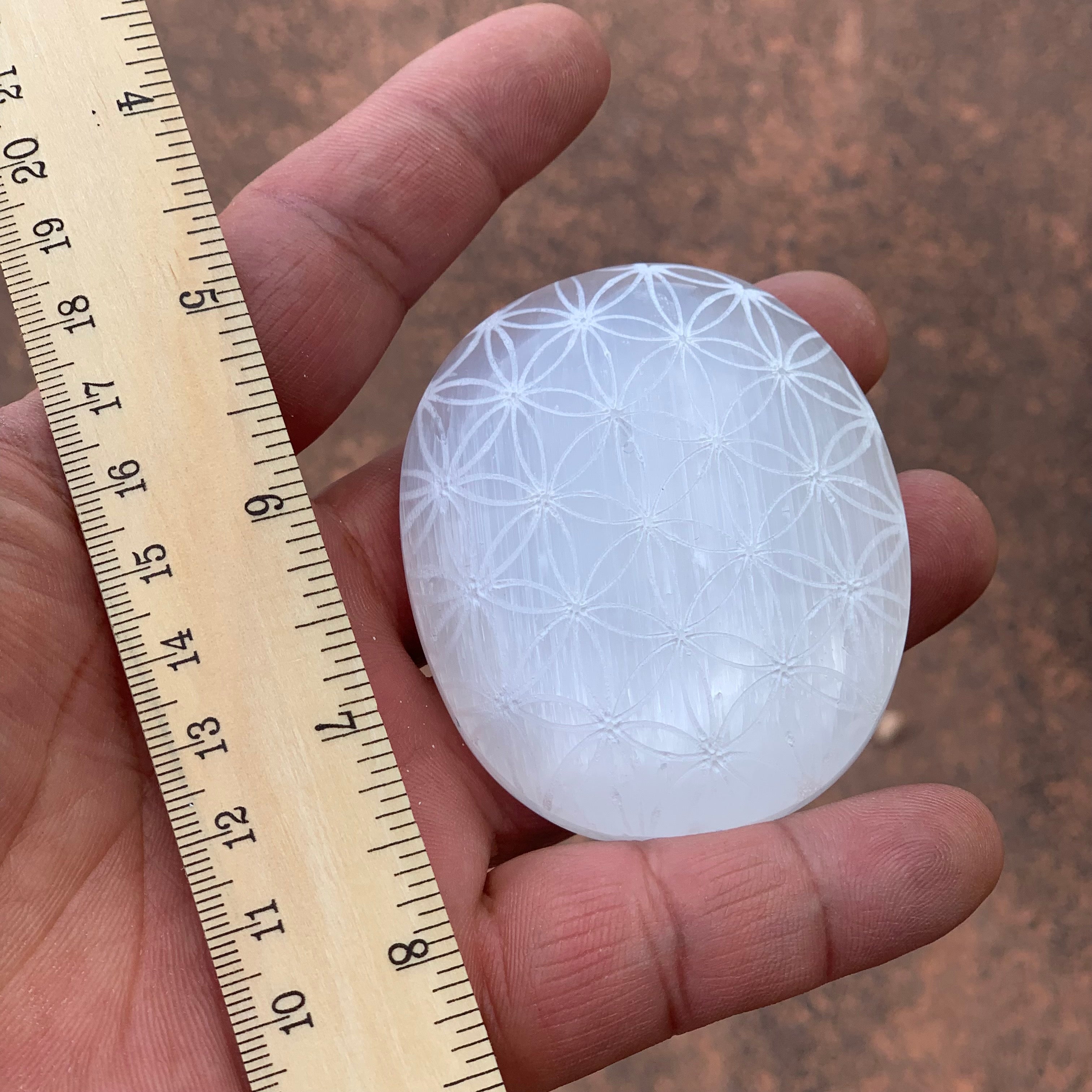 Flower of Life Selenite Palm Stone