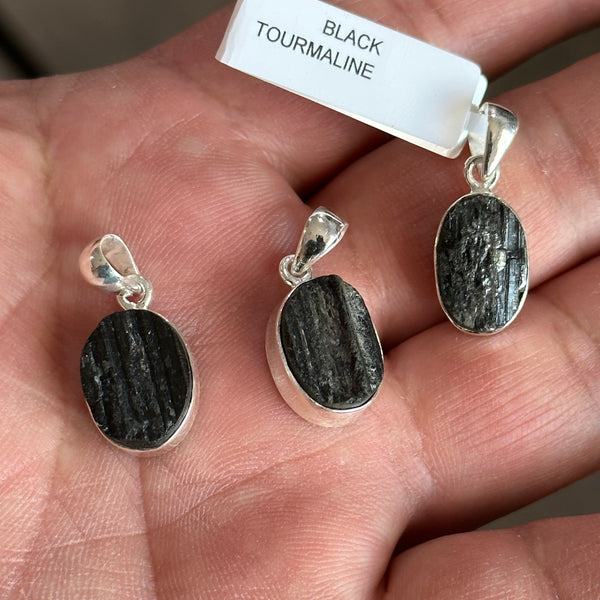 black tourmaline oval sterling silver pendant  