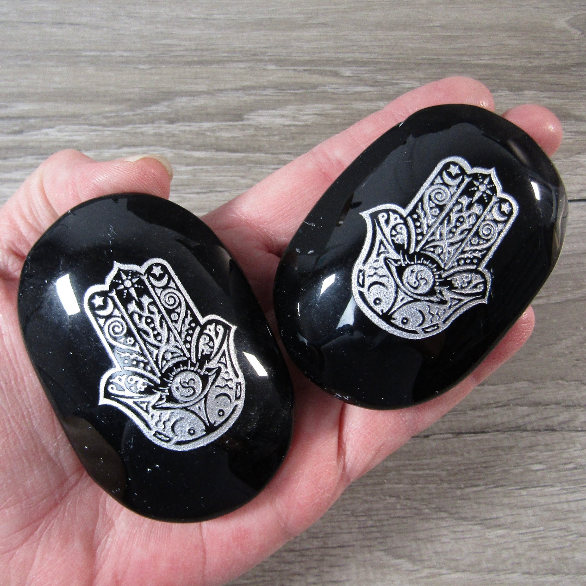 Obsidian Etched Palm Stone