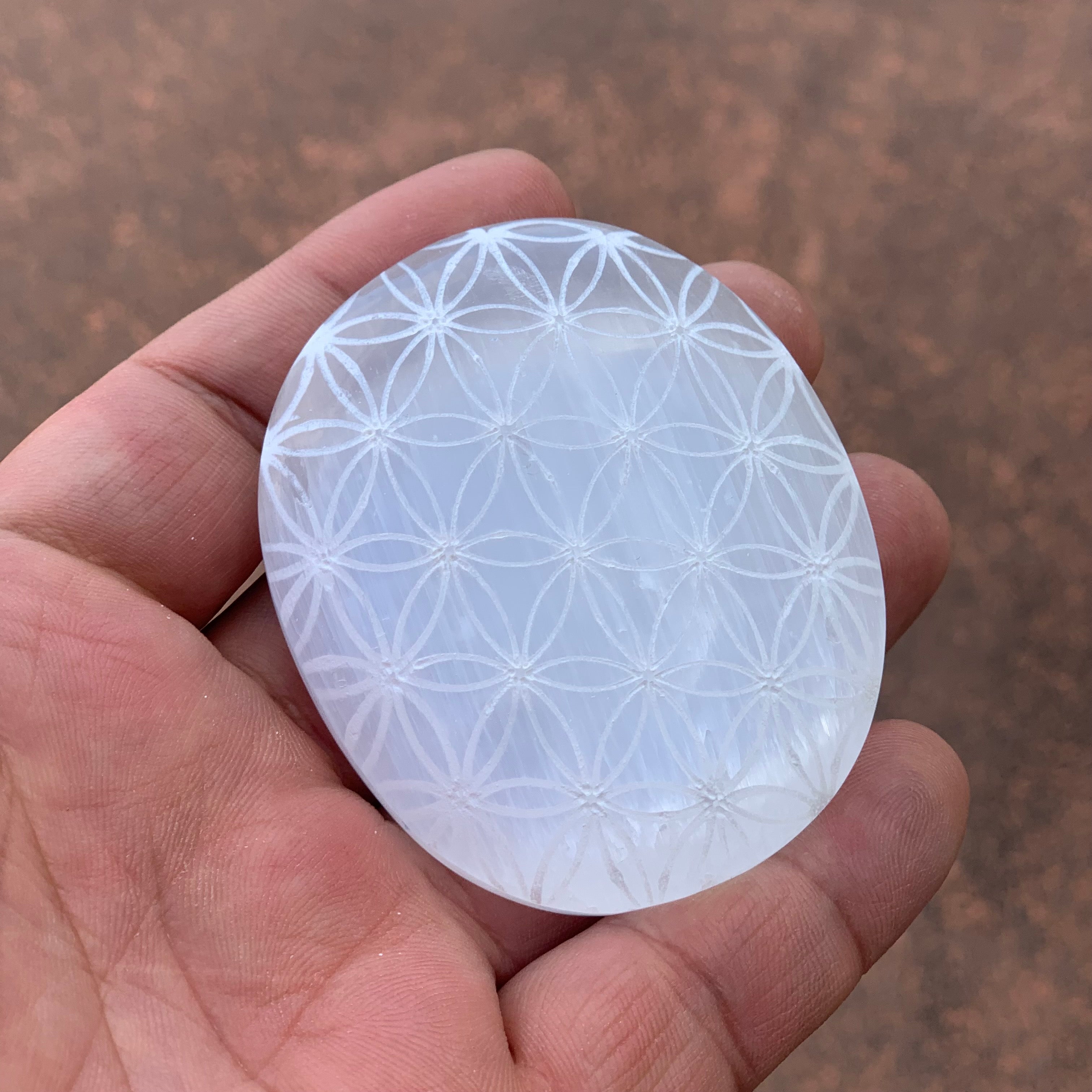 Flower of Life Selenite Palm Stone