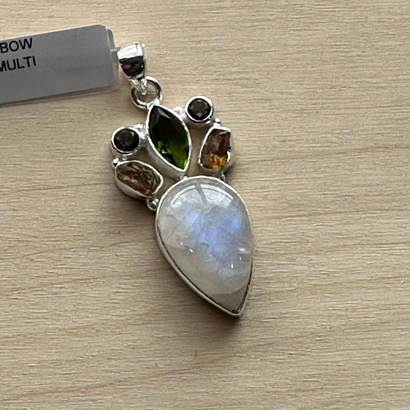 Rainbow Moonstone Sterling Silver Pendant Drop Shaped with Additional Stones